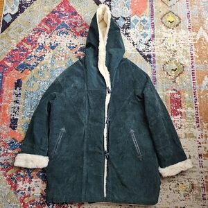Cooper Sportswear Coat Womens XL Green Suede Toggle Buttons Faux Fur Accents